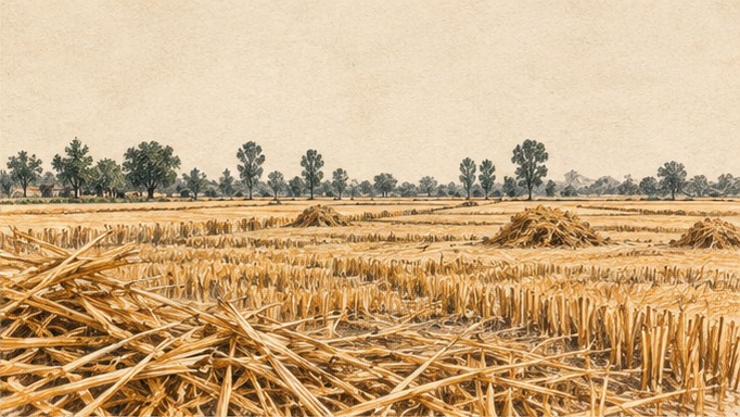 Illustrated harvested fields with loose residue and a distant tree line