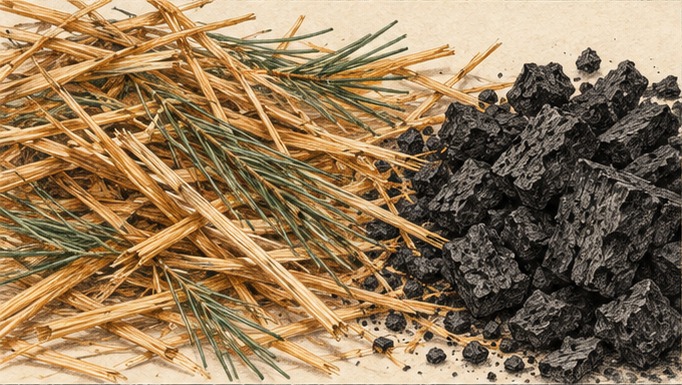 Golden straw alongside porous black biochar in a pencil illustration