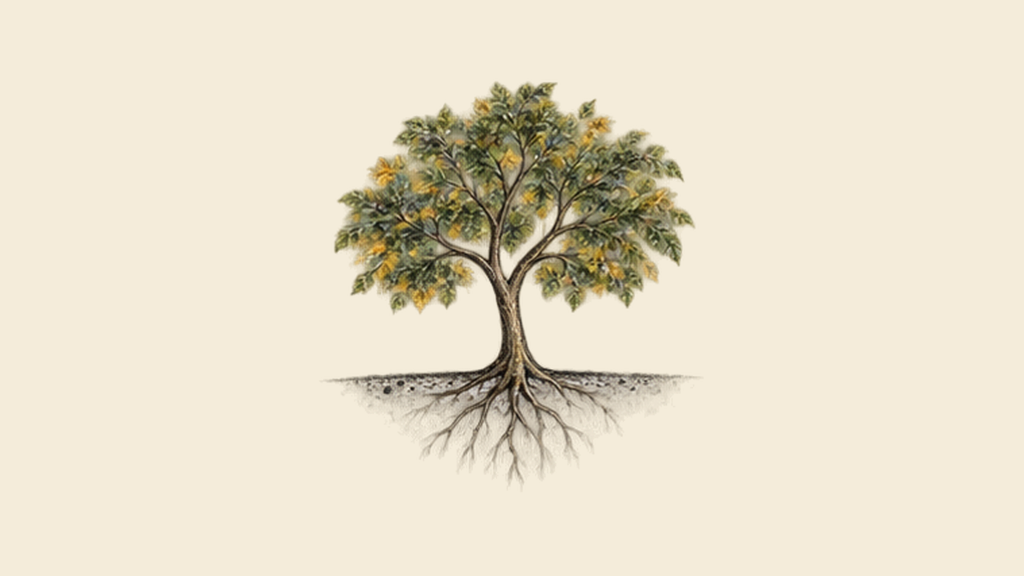 Tree and roots illustrated together with textured botanical pencil strokes